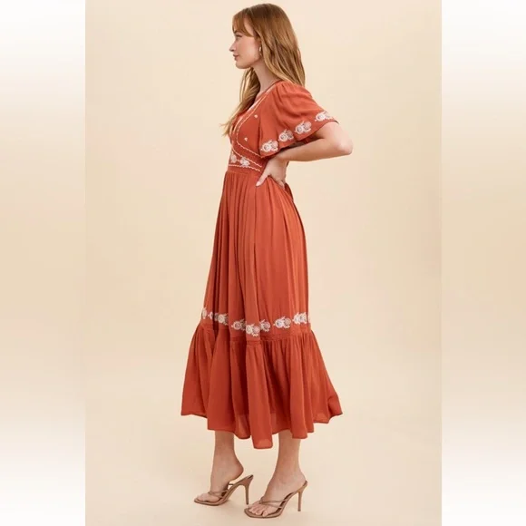 V Neck Embroidered Flutter Sleeve Dress|Rust - Picture 2 of 3